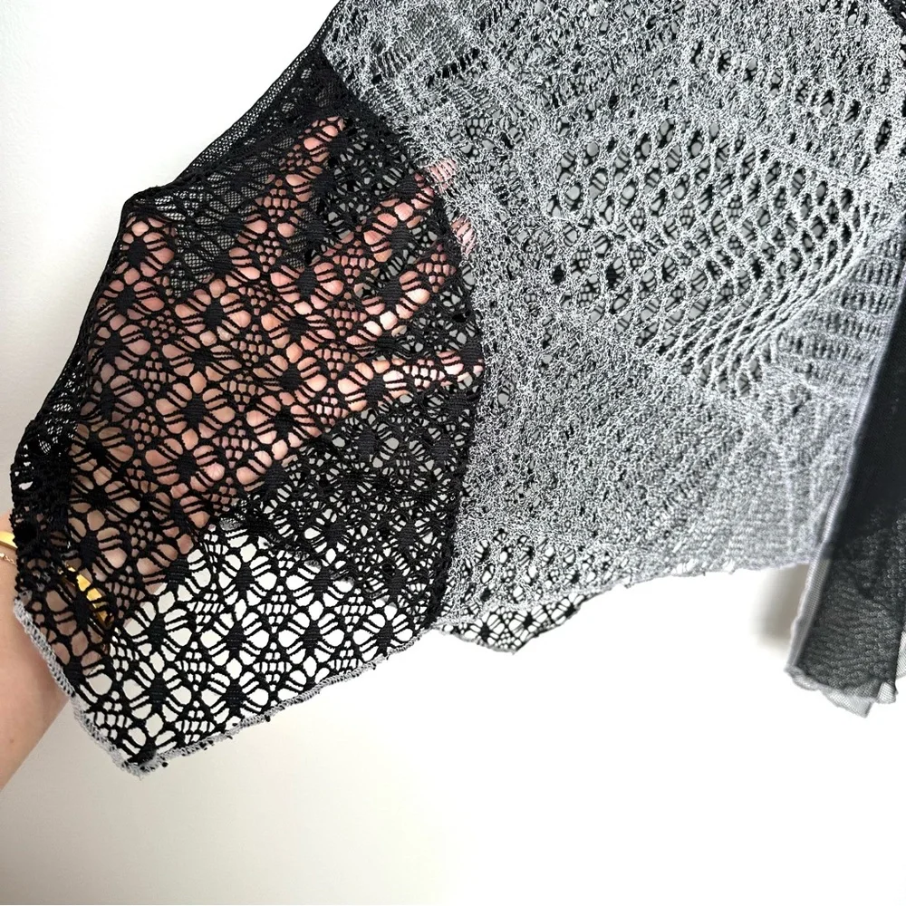 Boho Y2K Black Sheer Crochet Patchwork Whimsigoth Asymmetrical Mixed Media Tunic - Picture 5 of 9